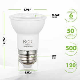 KOR LED PAR16 dimmable flood bulb showing 6W efficiency replacing 50W.