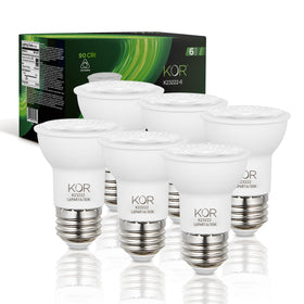 KOR LED PAR16 flood bulbs in a pack, highlighting energy efficiency for homes.