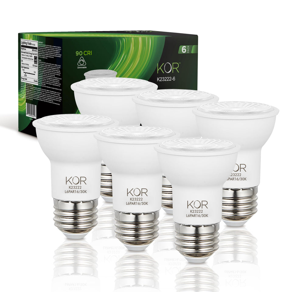 KOR LED PAR16 flood bulbs in a pack, highlighting energy efficiency for homes.
