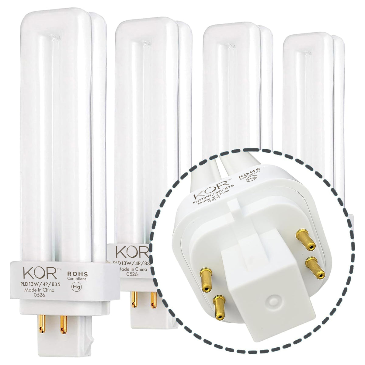 KOR pack of 4x13W CFL bulbs with G24Q-1 base for reliable home lighting.