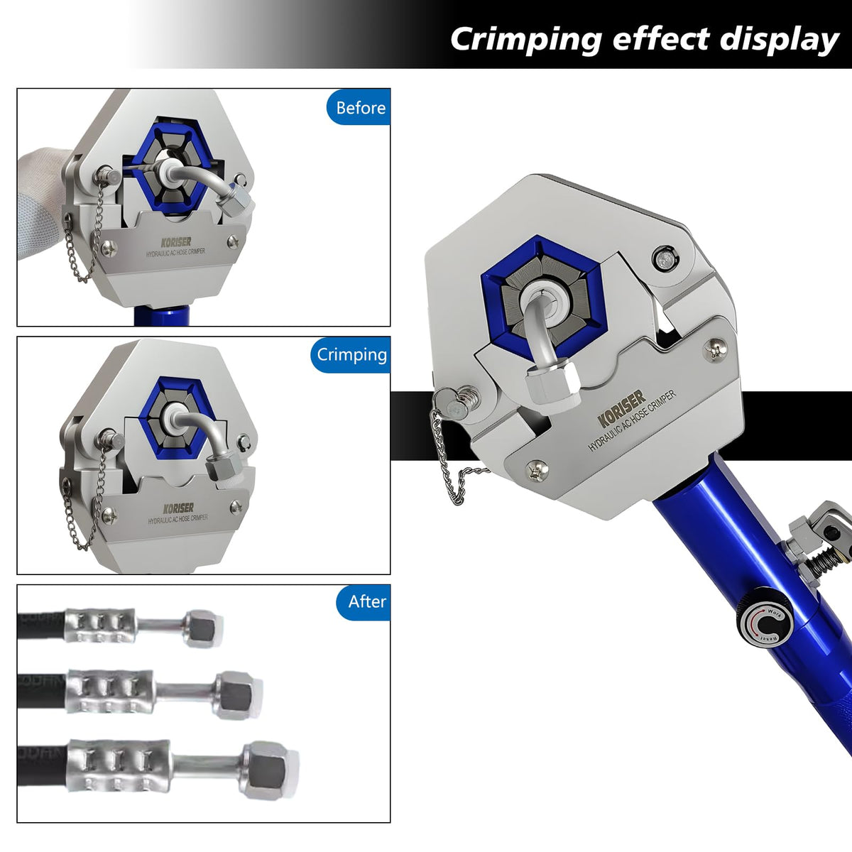 Snap-on dies allow quick setup without pins or screws on the Hydra-Krimp.