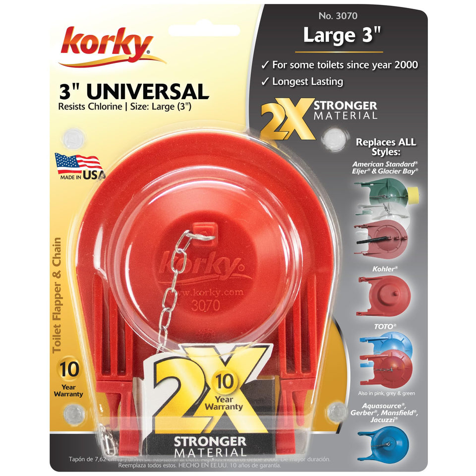 Korky 3070BP large 3-inch flapper front view highlighting universal compatibility