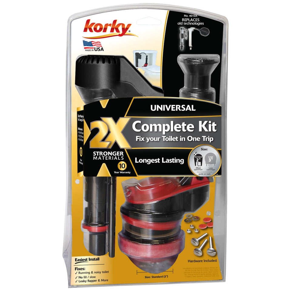 Korky 4010XP complete kit contents shown, ready to fix common toilet issues.