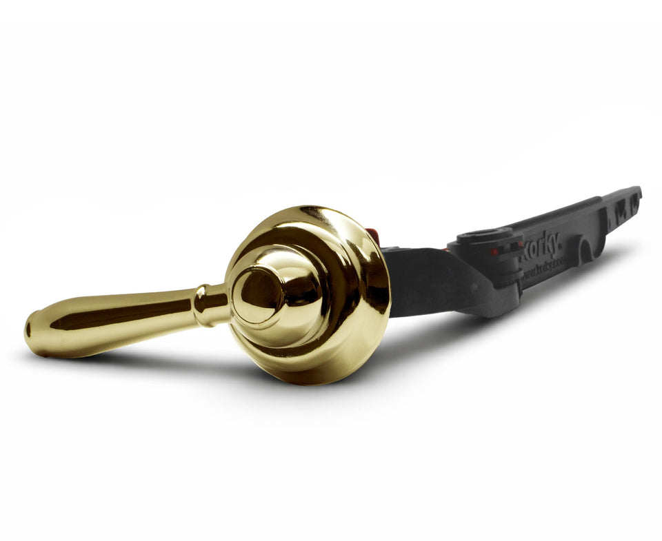 Korky 6021AM StrongARM gold lever close-up showing durable, easy-to-install faucet-style handle.