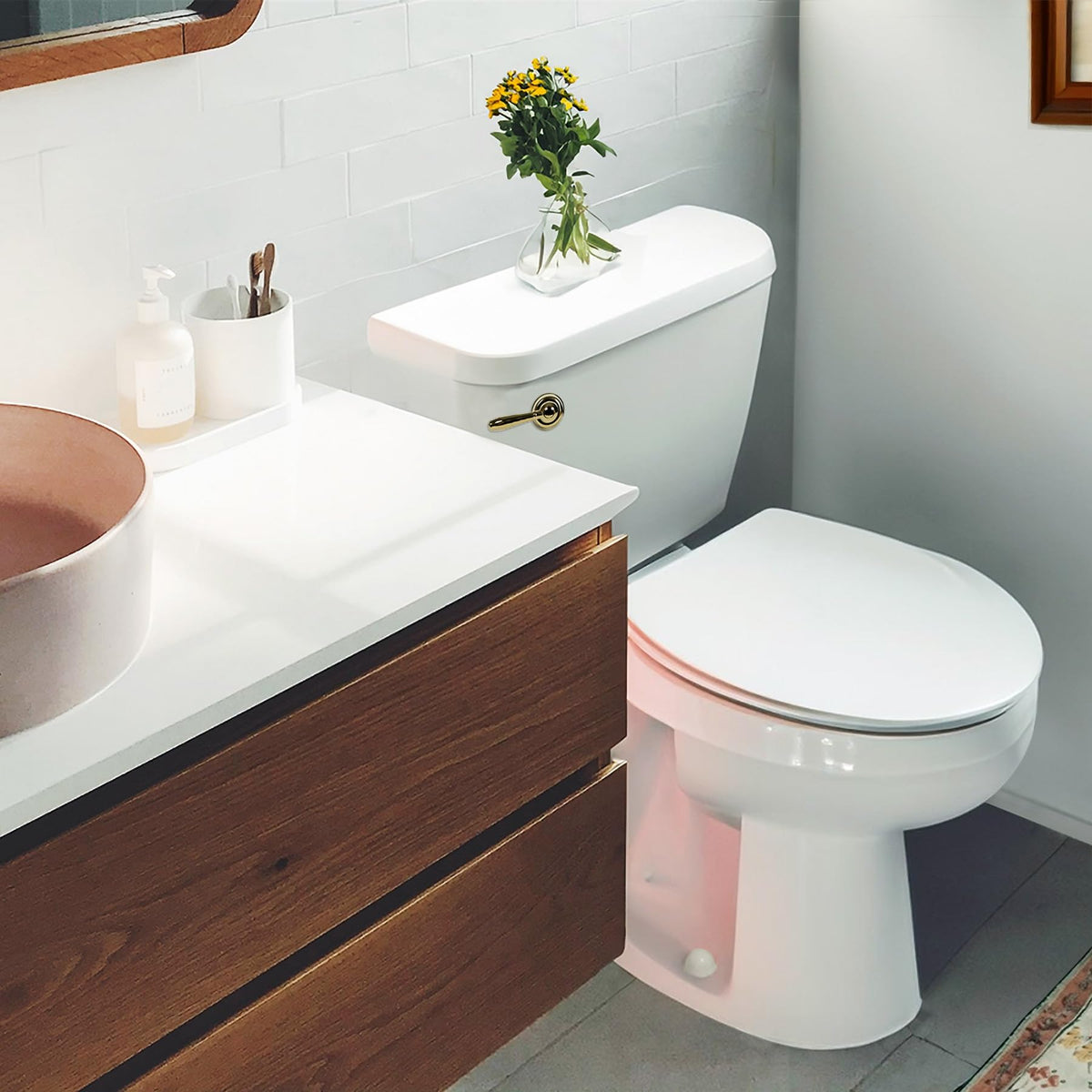 Korky 6021AM universal-fit mount demonstrated on a front-angle toilet tank.