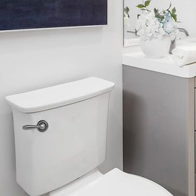 Korky StrongARM chrome lever angled-mount facilitates bend-free fit and quick adjustments.
