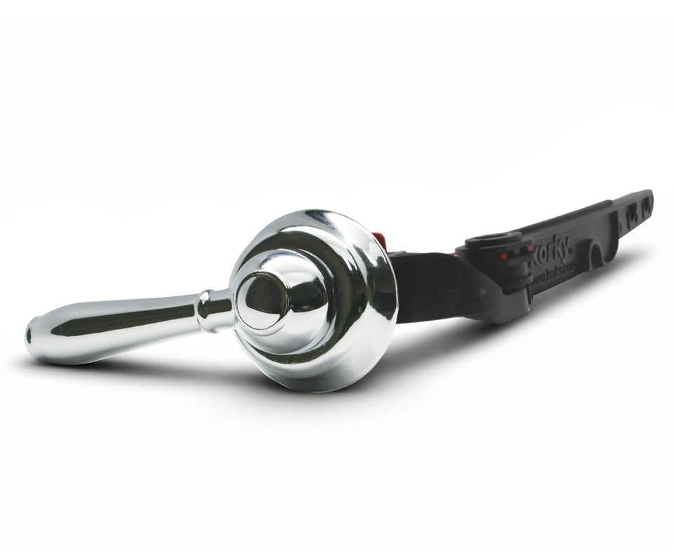 Korky StrongARM chrome lever with front-mount design for universal compatibility and smooth operation.