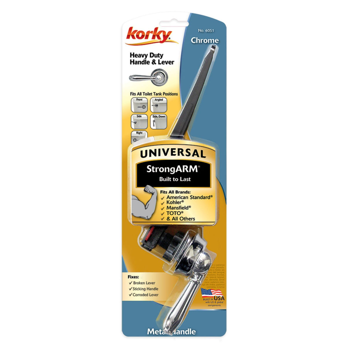Korky StrongARM chrome lever side-mount enables easy installation across brands.