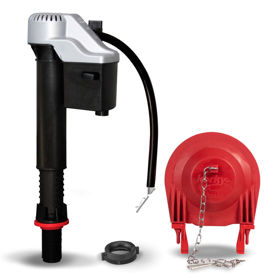 Korky 830MP QuietFILL valve shown installed in a modern toilet for quiet refill.