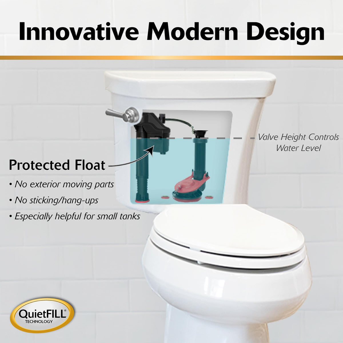 Korky QuietFILL 2X universal compatibility graphic indicating 99% fits.