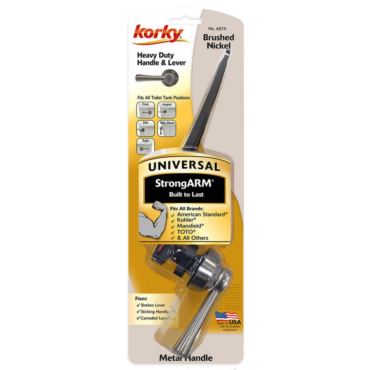 Korky StrongARM angled-mount lever fits multiple brands effortlessly.