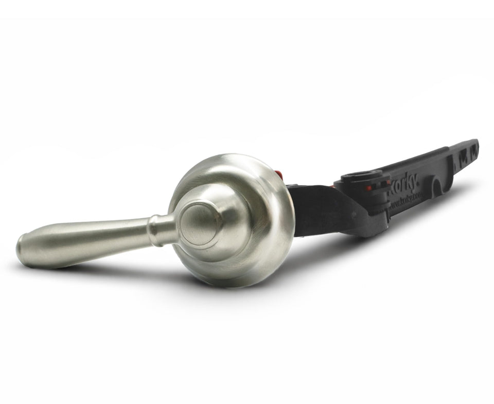 Korky StrongARM brushed-nickel handle demonstrated on a universal toilet tank