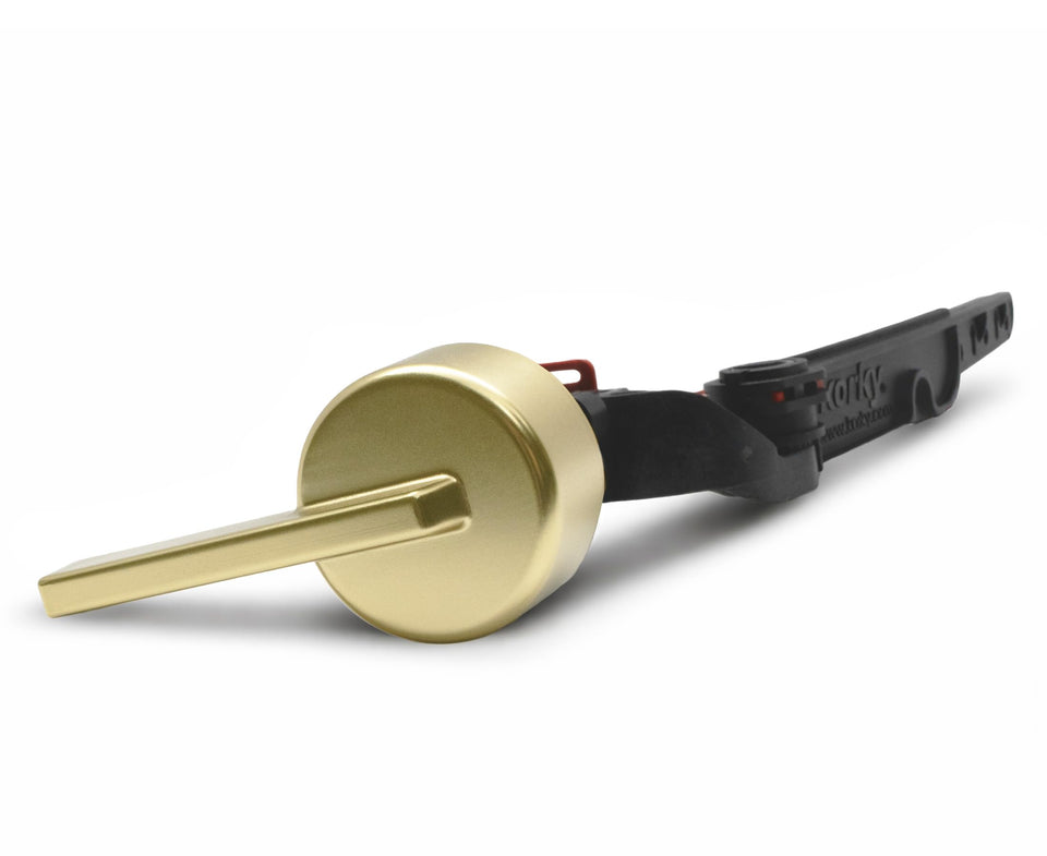 Korky StrongARM brushed-gold front-mount handle for easy replacement.