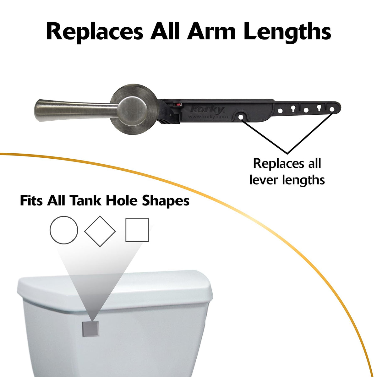 Korky StrongARM left-mount lever emphasizes durable, reinforced construction.