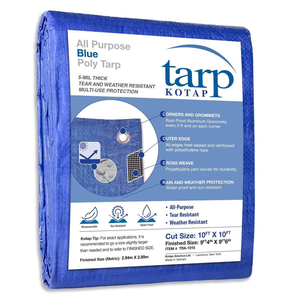 Kotap tarp finished size 9ft 4in x 9ft 6in, ideal for precise shelter coverage.