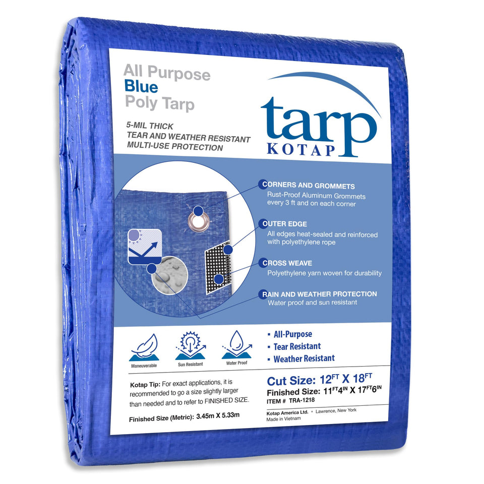 Kotap 12x18ft blue tarp stretched over shelter for rain protection