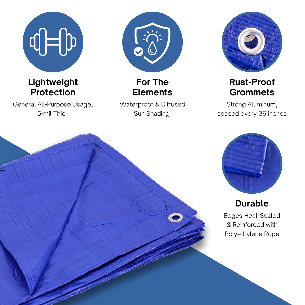 Kotap blue tarp with corner grommets ensures secure anchoring.