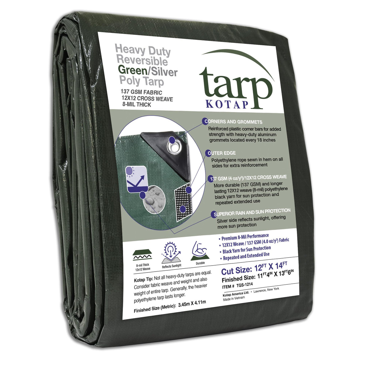 Kotap heavy-duty tarp 12x14 reversible front view for versatile outdoor coverage.