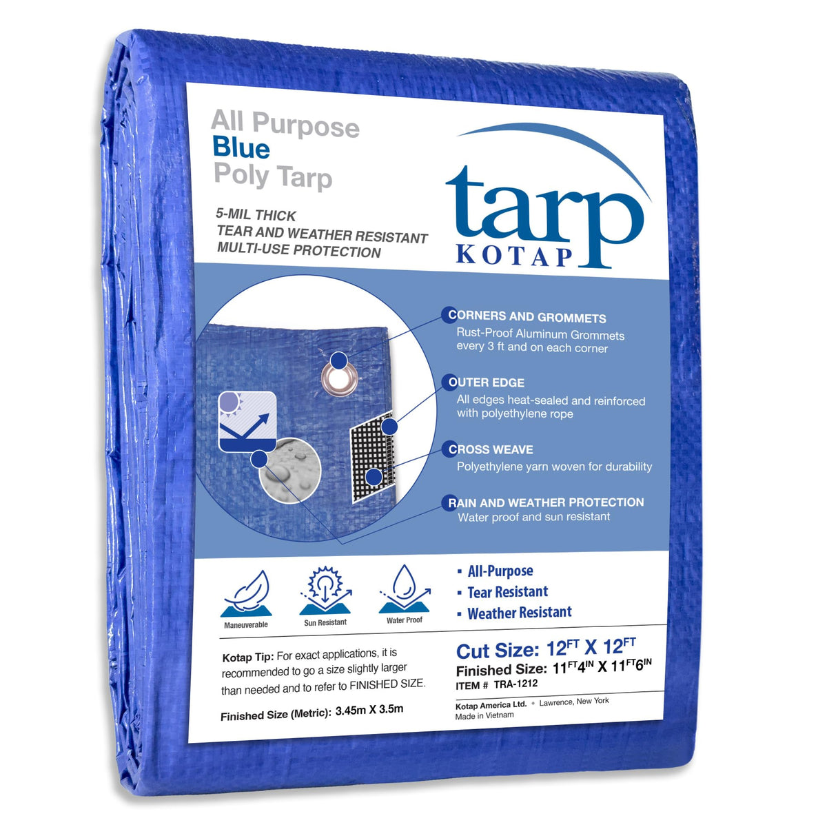 Kotap TRA-1212 blue tarp rolled for easy storage and transport, providing durable protection.