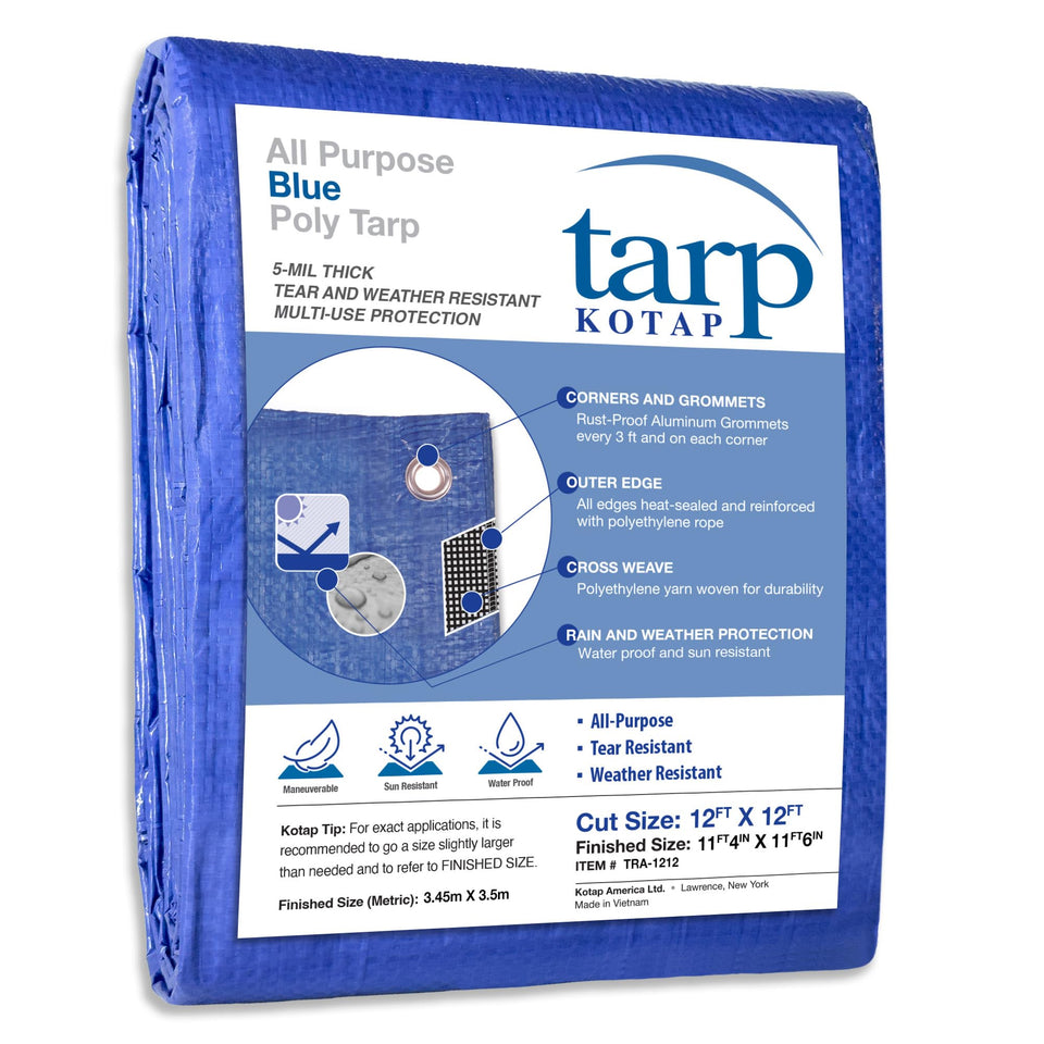 Kotap TRA-1212 blue tarp rolled for easy storage and transport, providing durable protection.