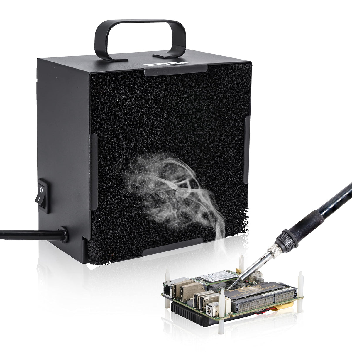 KOTTO Solder Smoke Absorber front view for compact desk use and effective fumes capture.