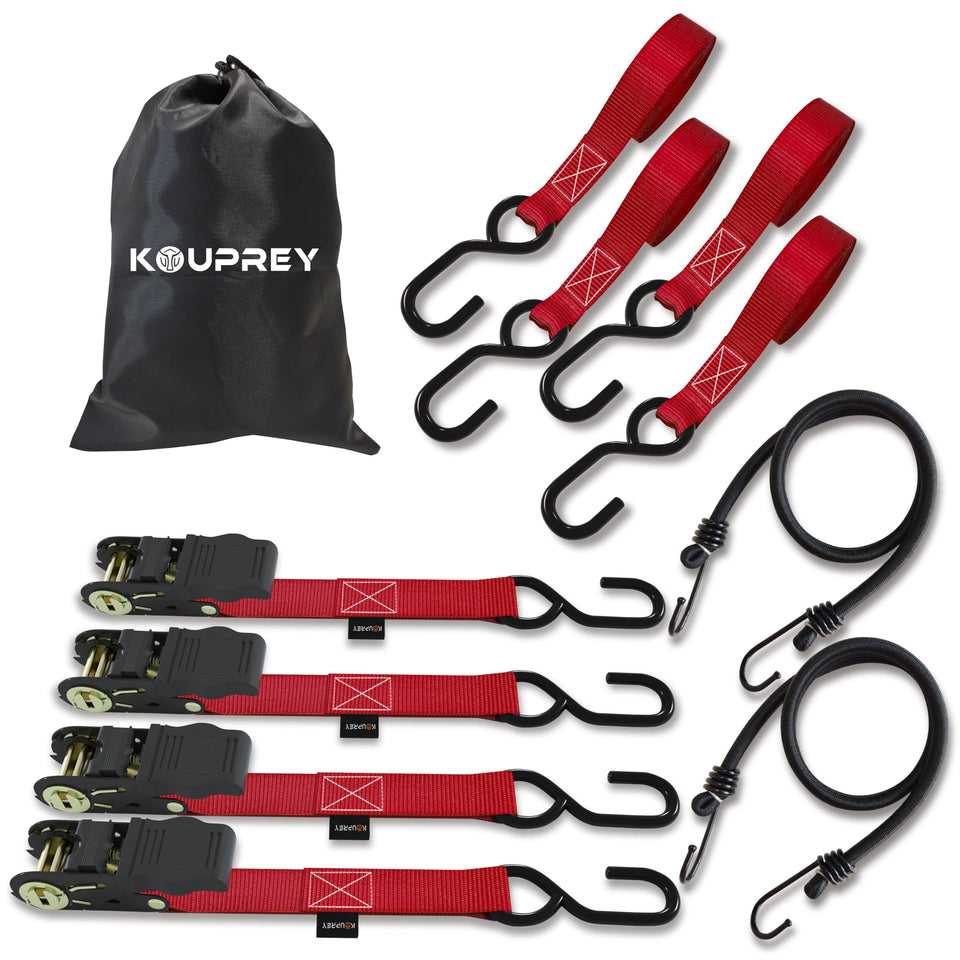 KOUPREY ratchet straps in red with 1in webbing for secure loads