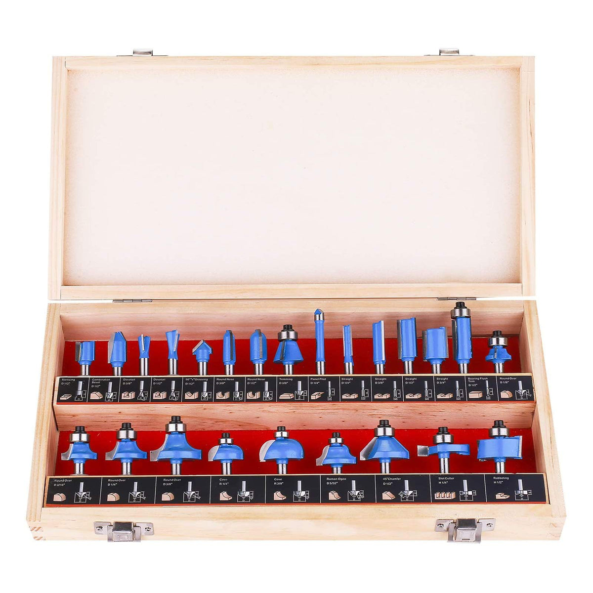 KOWOOD 24-piece router bits set with 1/4 inch shank for versatile woodworking.