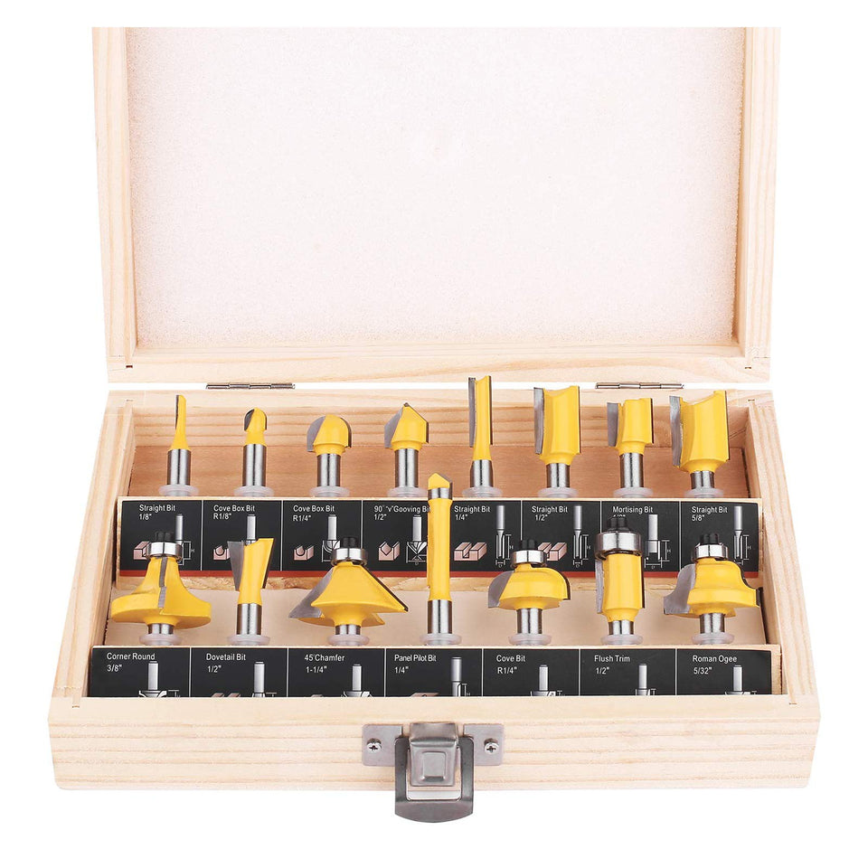 KOWOOD router bit set 15 pieces, front view for beginner-friendly projects