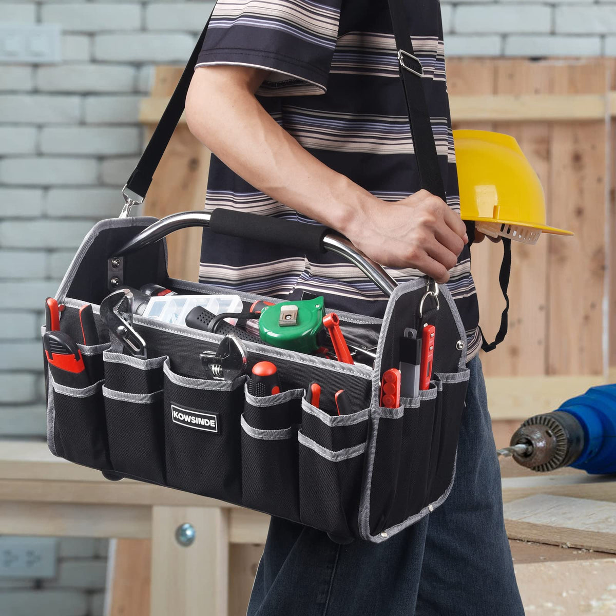 Kowsinde electrician tool bag holds drills, tapes, and wrenches securely
