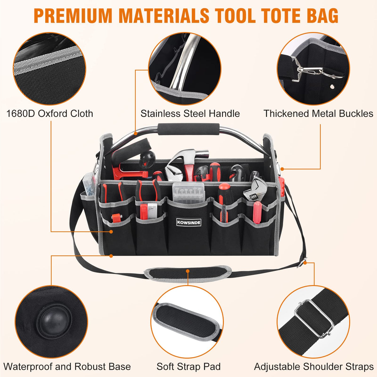 Kowsinde tool bag with waterproof base protects tools from moisture