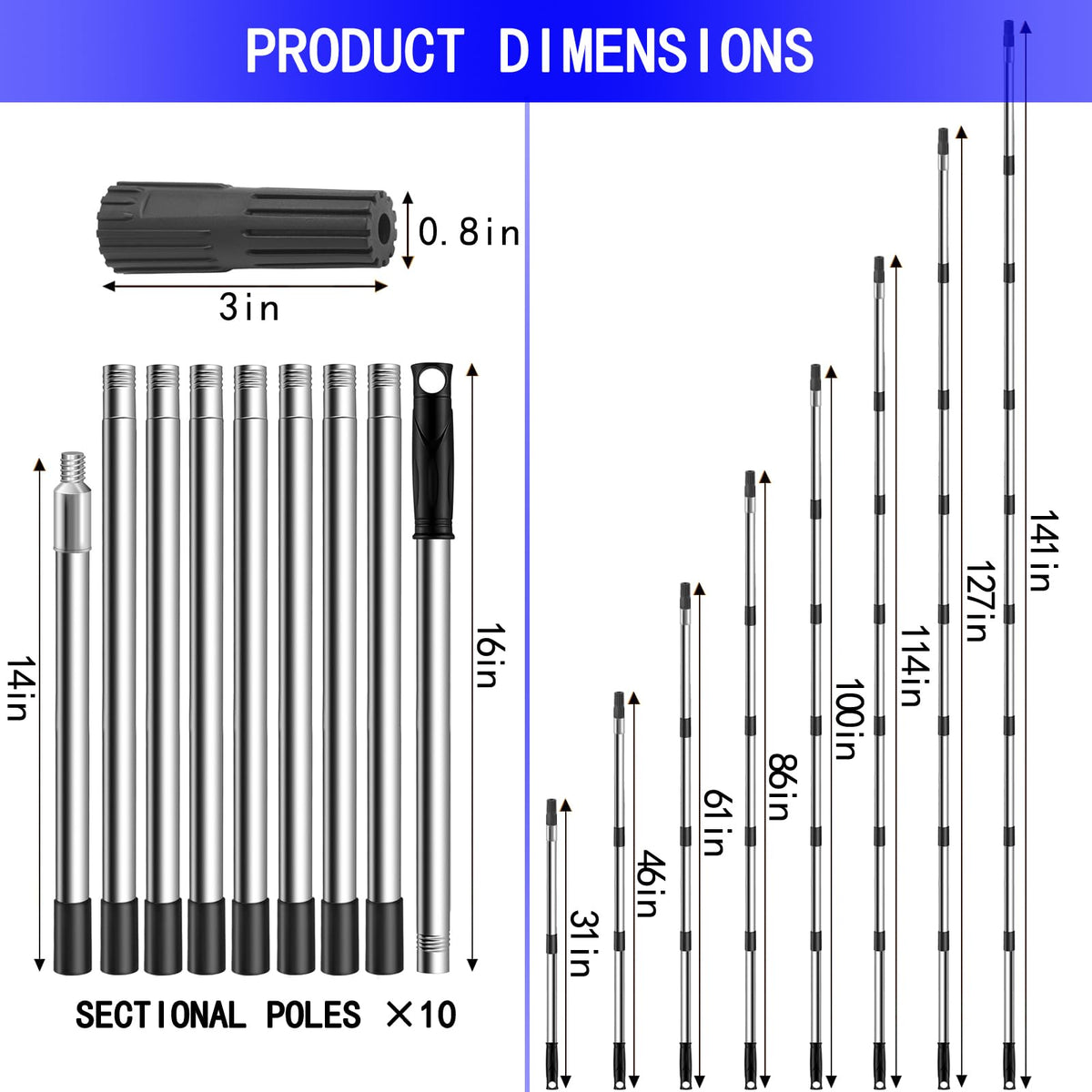 Koyata extension pole heads assembly shows quick-connect compatibility.