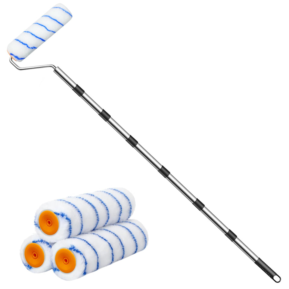 Koyata paint roller extended pole assembly enables safe ceiling painting.