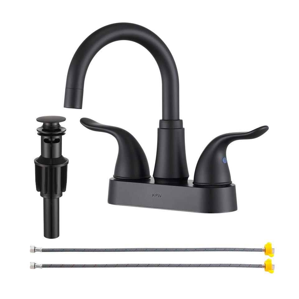 KPW centerset matte black faucet for 4-inch sinks with versatile 2- or 3-hole fit.