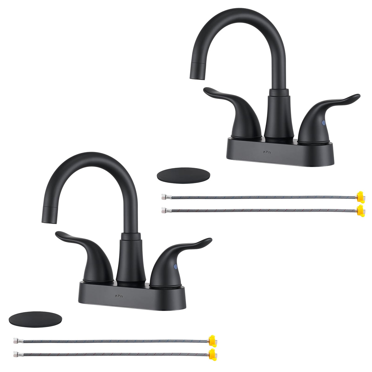 KPW matte black 4-inch bathroom sink faucet with pop-up drain, stylish and easy to install.
