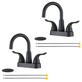 KPW matte black 4-inch bathroom sink faucet with pop-up drain, stylish and easy to install.