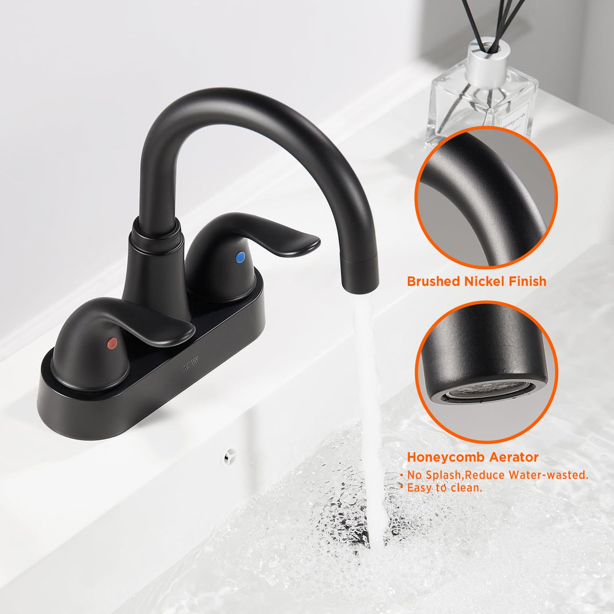 Gooseneck swivel on KPW faucet aids daily washing and filling tasks.