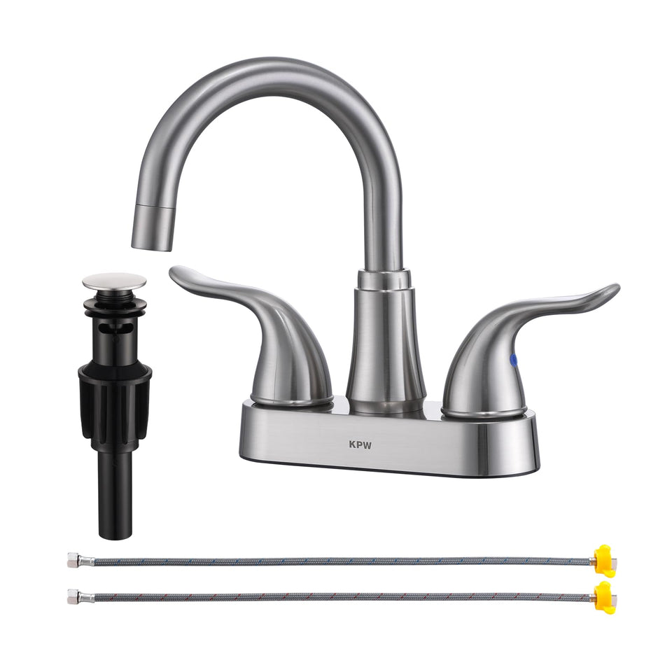 KPW brushed nickel centerset faucet with modern finish for bathroom decor