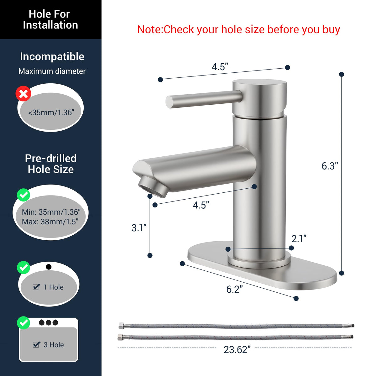 KPW brushed nickel faucet with angled outlet to reduce splash.