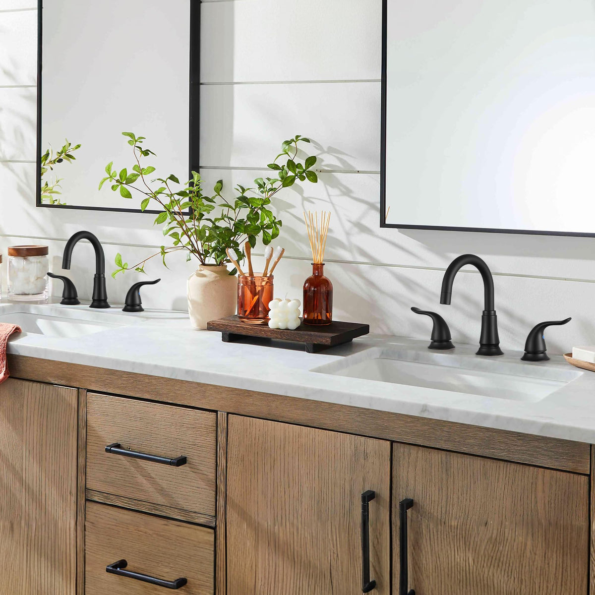 KPWater matte black faucet in a bathroom scene elevating contemporary aesthetics.