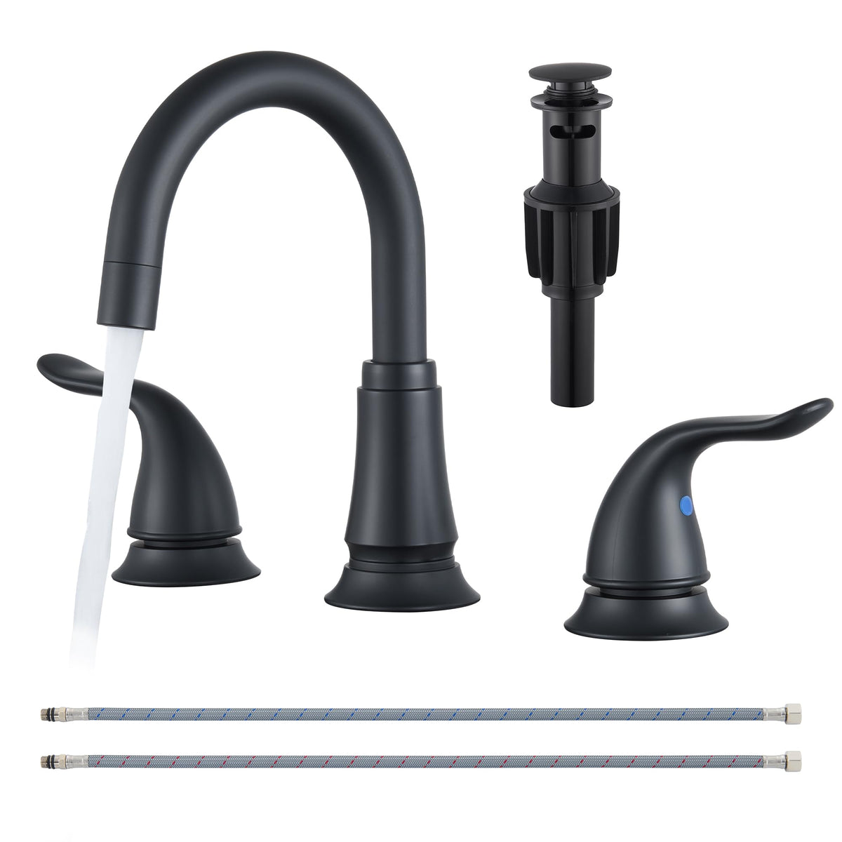KPWater matte black widespread faucet front view shows modern design and durable finish.