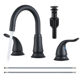 KPWater matte black widespread faucet front view shows modern design and durable finish.