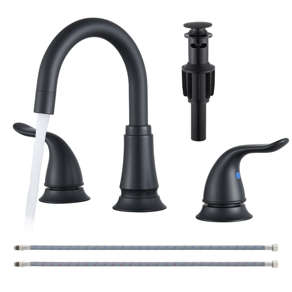 KPWater matte black widespread faucet front view shows modern design and durable finish.