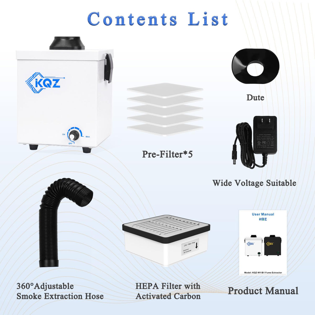 KQZ W1 package contents including filters, hood, and user guide.