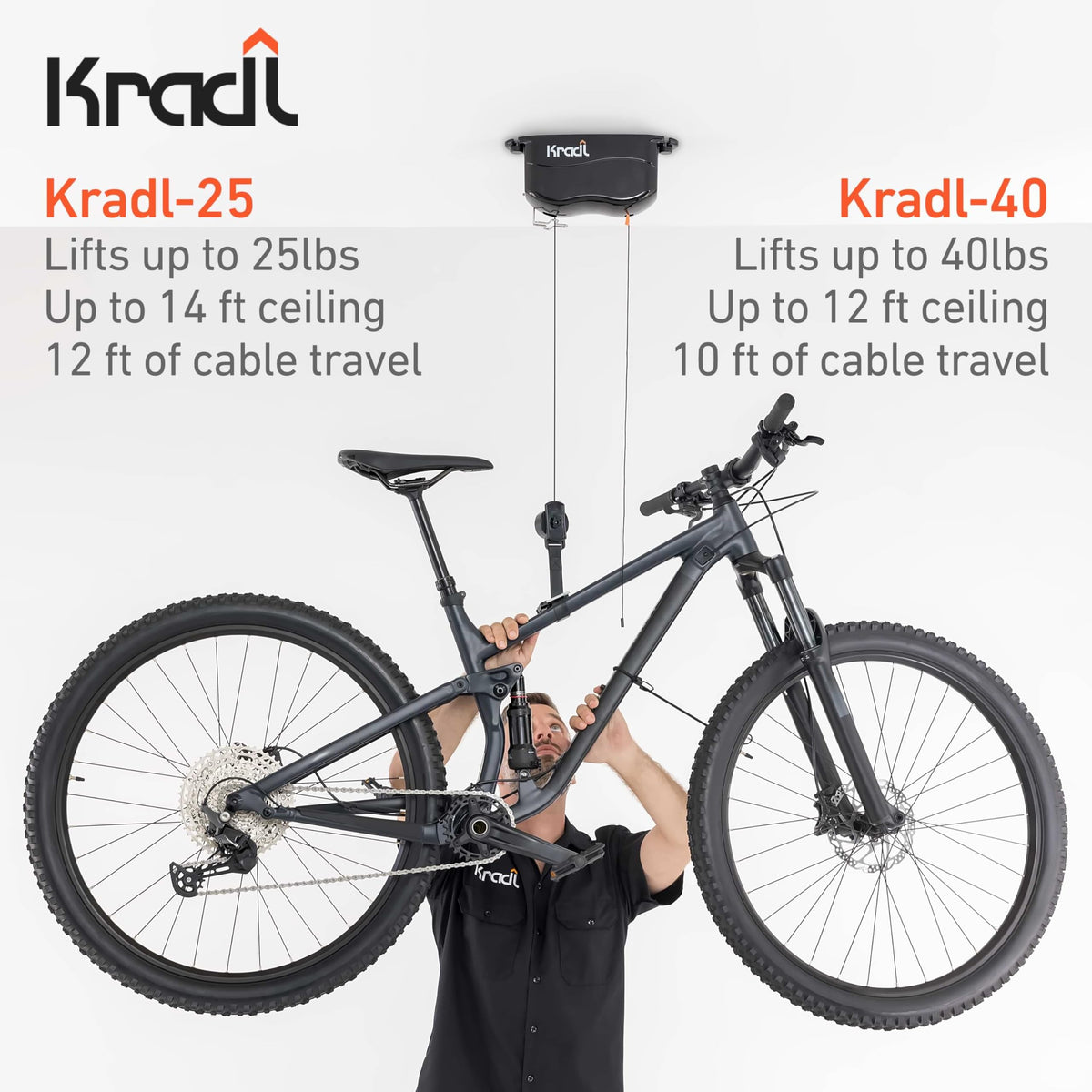 Kradl 40-pound bike lift model lifting a heavier bike securely.