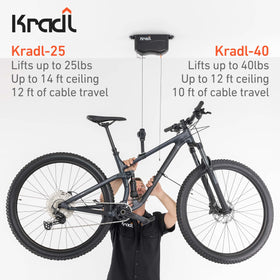 Kradl 40-pound bike lift model lifting a heavier bike securely.