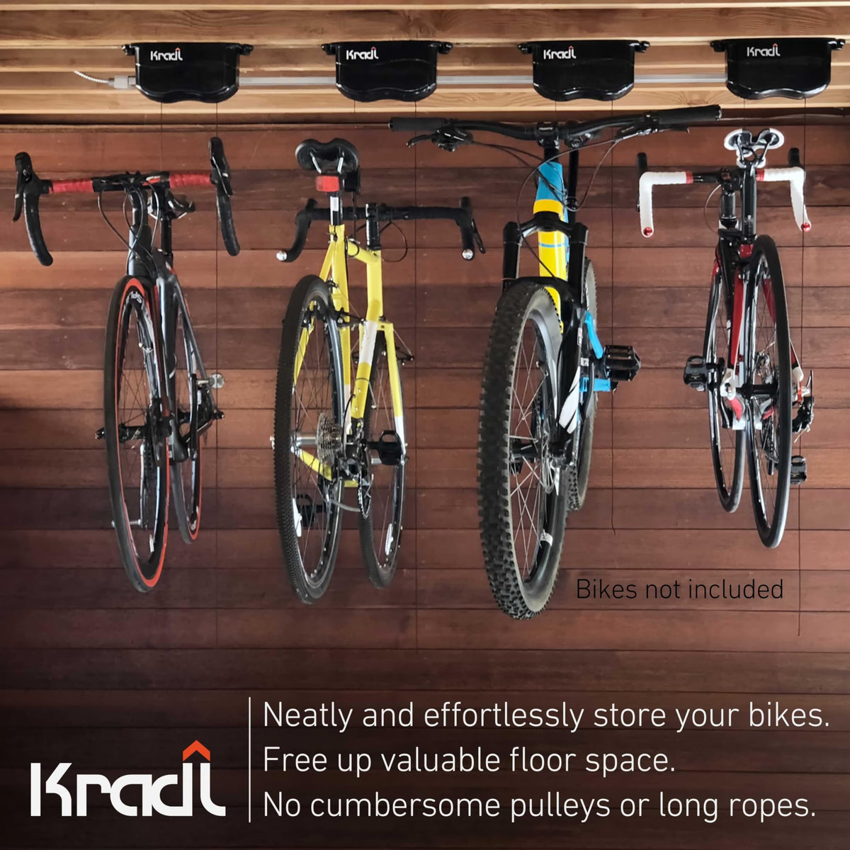 Kradl bicycle storage hoist operates without electricity for easy setup.