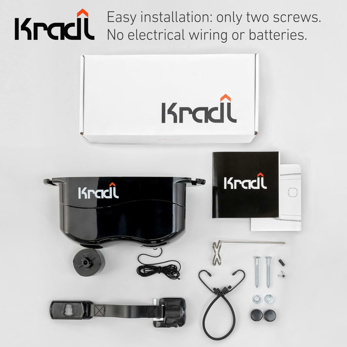 Kradl installation with two screws for quick setup.