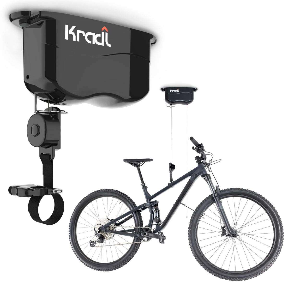 Kradl ceiling-mount bike lift in action, space-saving garage solution.