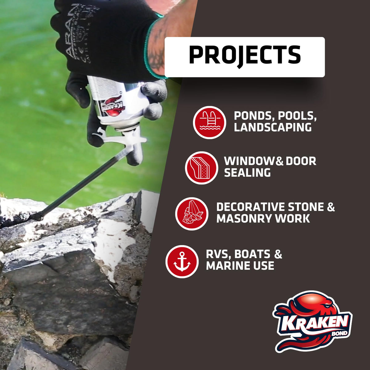 Kraken Bond Black Foam spray in action for precise landscape filling.