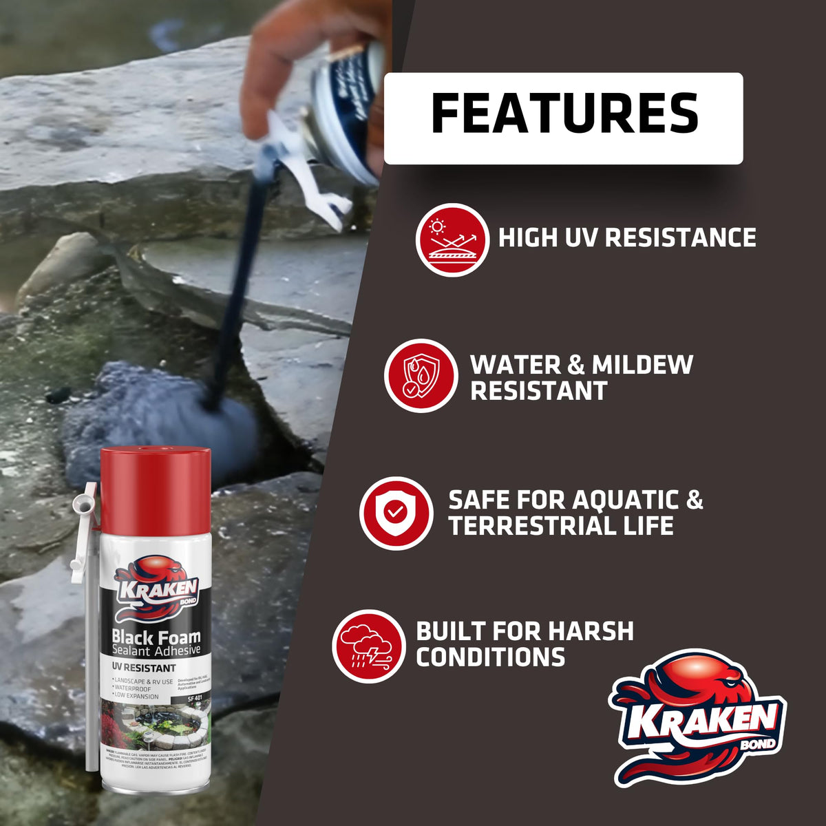 Kraken Bond Black Foam demonstrates UV-resistant sealing on an outdoor feature.